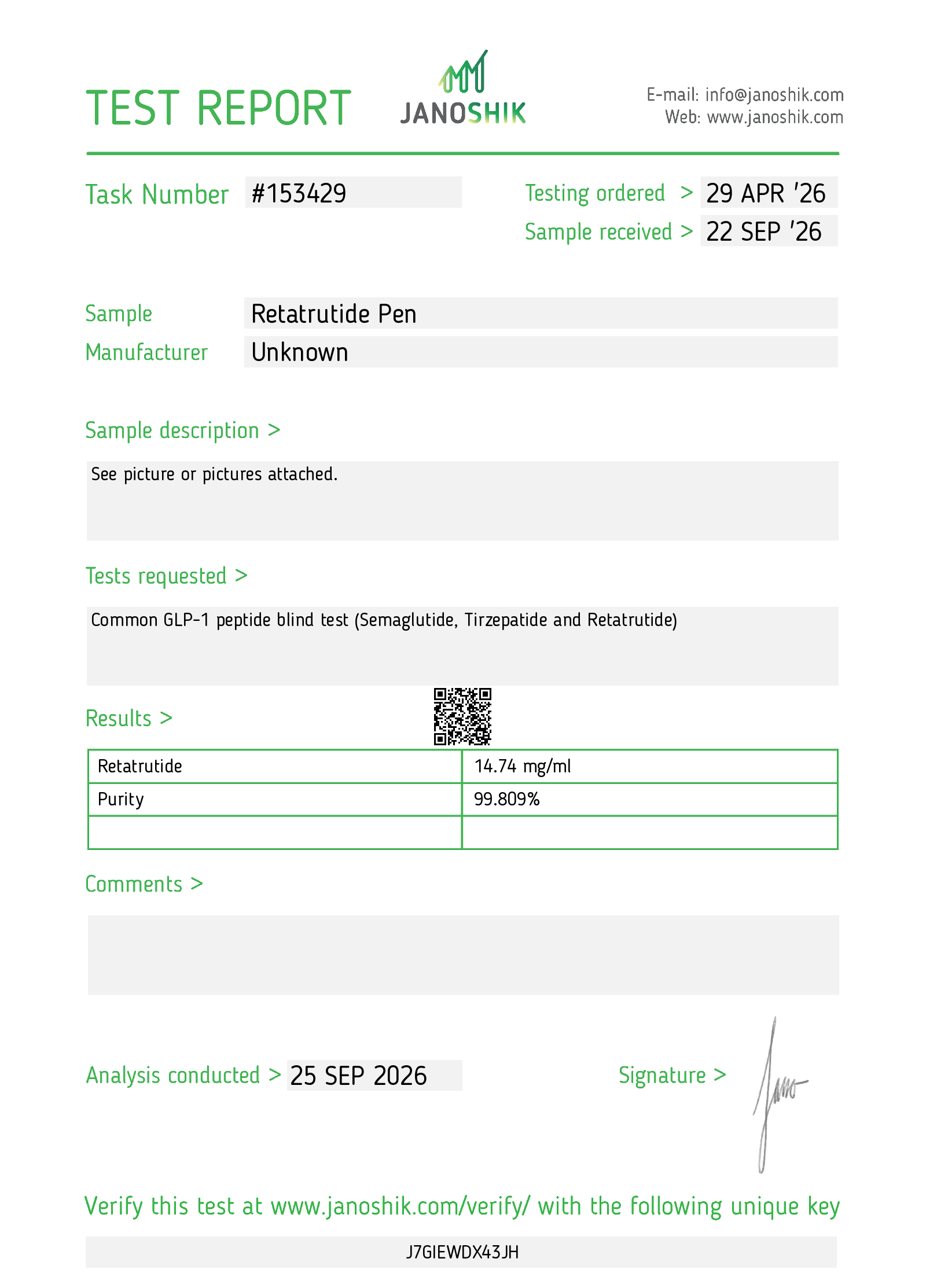 Janoshik-Bericht 153429, Probe Retatrutid-Pen, 14,74 mg/ml, Analyse 25. September 2026